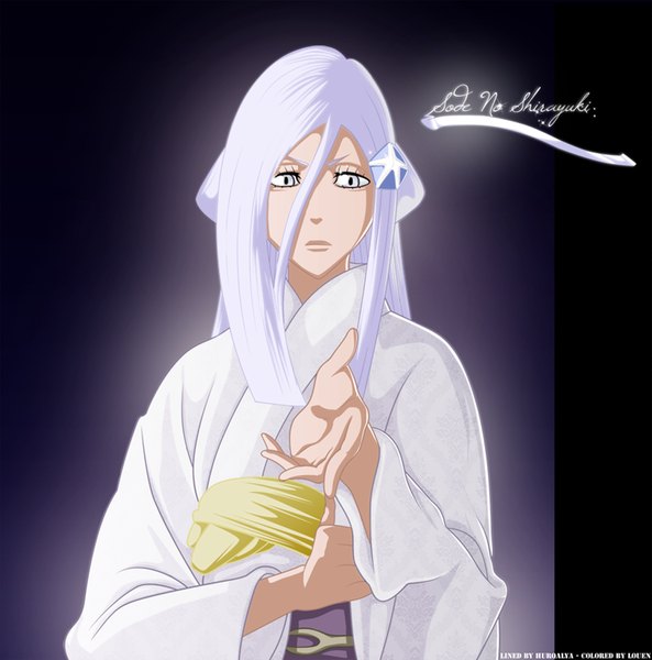 Anime picture 1024x1036 with bleach studio pierrot sode no shirayuki louen666 single long hair tall image simple background white hair japanese clothes inscription grey eyes coloring girl kimono