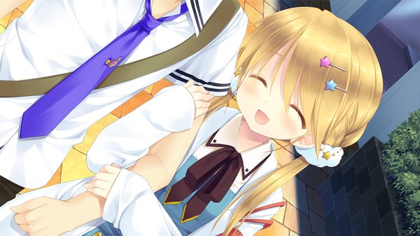 Anime picture 1280x720 with gangsta alcadia tokimori nozomi miyasu risa long hair blush open mouth blonde hair smile wide image twintails game cg eyes closed couple girl boy hair ornament necktie bobby pin star hair ornament
