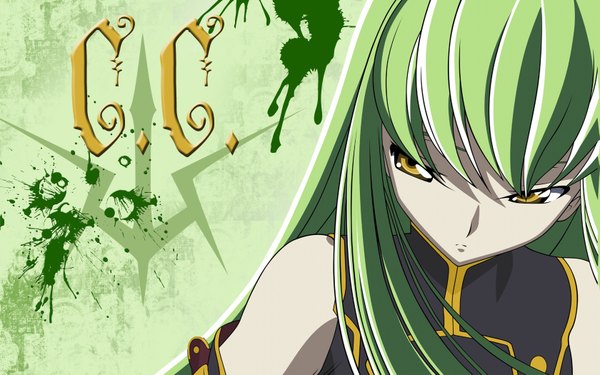 Anime picture 1680x1050 with code geass sunrise (studio) c.c. single fringe wide image bare shoulders yellow eyes green hair inscription green background girl splashes