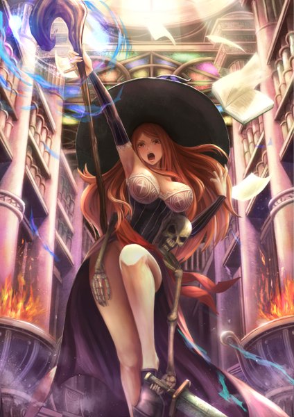 Anime picture 868x1228 with dragon's crown vanillaware sorceress (dragon's crown) yazuwo single long hair tall image looking at viewer blush breasts open mouth light erotic brown hair large breasts brown eyes cleavage censored armpit (armpits) magic convenient censoring