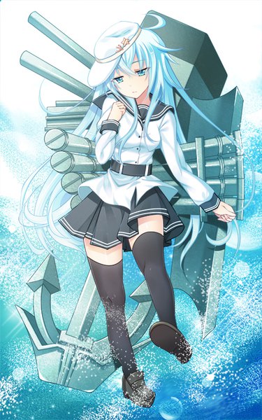 Anime picture 500x800 with kantai collection hibiki destroyer verniy destroyer swami single long hair tall image fringe blue eyes hair between eyes blue hair full body long sleeves zettai ryouiki looking down girl thighhighs uniform black thighhighs hat
