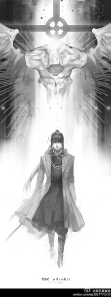 Anime picture 1476x3937 with d.gray-man kanda yuu heise wanbaolu single long hair tall image black hair signed ponytail black eyes inscription monochrome boy weapon sword wings katana cross coat