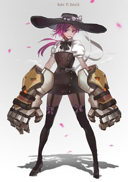 Anime picture 704x1000 with league of legends vi (league of legends) canking single long hair tall image purple eyes holding looking away pink hair light smile shadow short sleeves tattoo alternate costume puffy sleeves mouth hold facial mark girl thighhighs