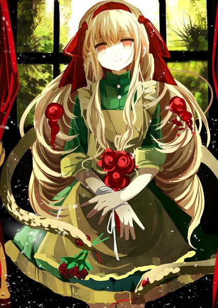 Anime picture 852x1204 with kagerou project shaft (studio) mary (kagerou project) fumiko (miruyuana) single long hair tall image looking at viewer fringe smile red eyes white hair girl dress flower (flowers) ribbon (ribbons) hair ribbon window rose (roses) red rose