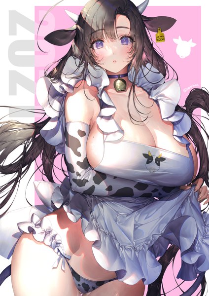 Anime picture 1024x1448 with original senchat single long hair tall image looking at viewer blush fringe breasts light erotic black hair simple background standing purple eyes signed animal ears cleavage horn (horns) fingernails mole