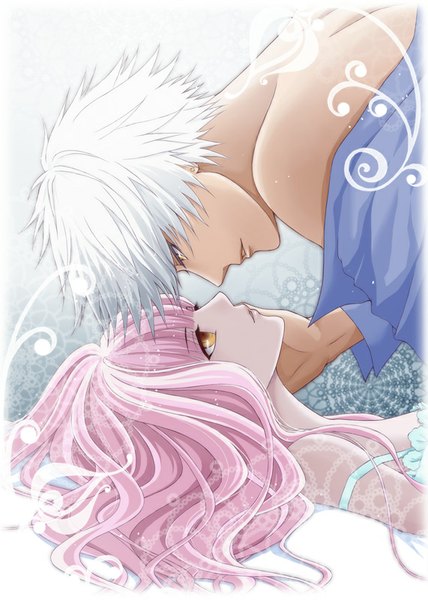 Anime picture 571x800 with wand of fortune idea factory lulu (wand of fortune) bilal faranbald maron long hair tall image fringe short hair bare shoulders yellow eyes pink hair white hair lying profile light smile couple undressing bare back face to face