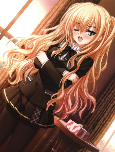 Anime picture 3817x5040 with kimi to issho ni sasano eri norita single long hair tall image blush highres open mouth blonde hair green eyes absurdres one eye closed wink scan teeth fang (fangs) girl skirt gift
