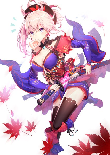 Anime picture 853x1200 with fate (series) fate/grand order miyamoto musashi (fate) fujimaru ritsuka (female) ririko (zhuoyandesailaer) single long hair tall image looking at viewer breasts blue eyes light erotic large breasts white background holding pink hair cleavage bent knee (knees) ponytail mouth hold