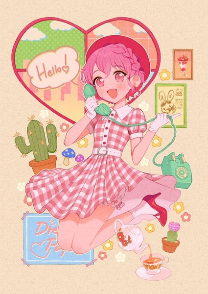 Anime picture 637x900 with puri para pretty (series) leona west o4ritarou single tall image blush short hair open mouth looking away pink hair full body :d pink eyes high heels puffy sleeves text english jumping otoko no ko