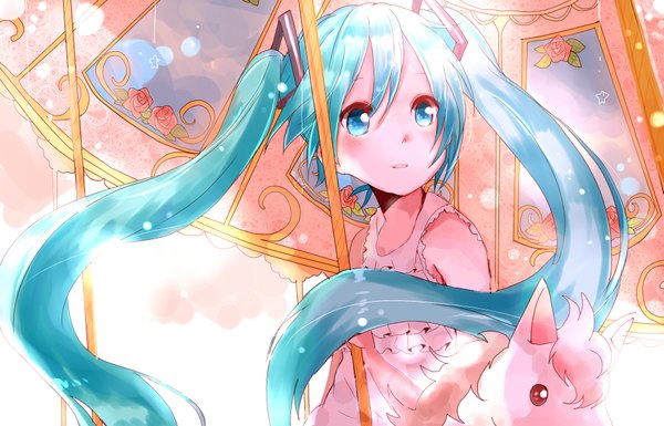 Anime picture 1869x1200 with vocaloid hatsune miku xxxx saki single long hair blush highres open mouth blue eyes sitting twintails brown eyes animal ears blue hair looking away girl flower (flowers) animal rose (roses) sundress