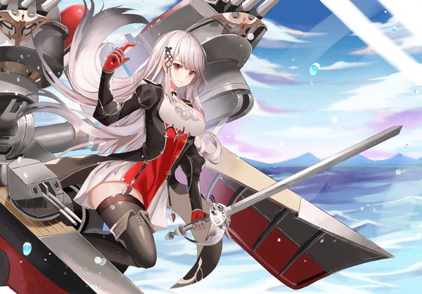 Anime picture 4200x2928 with azur lane dunkerque (azur lane) cup6542 single long hair looking at viewer blush fringe highres breasts red eyes holding payot absurdres sky cloud (clouds) bent knee (knees) outdoors white hair blunt bangs