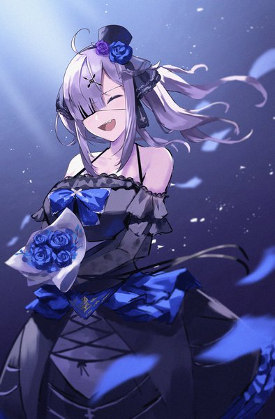Anime picture 1075x1637 with virtual youtuber nijisanji sukoya kana namiura single long hair tall image twintails silver hair ahoge eyes closed official alternate costume ^ ^ ^o^ girl dress hair ornament flower (flowers) hat detached sleeves