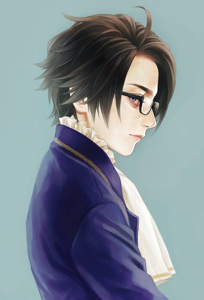 Anime picture 1392x2048 with axis powers hetalia studio deen austria (hetalia) fioletovyy single tall image looking at viewer short hair simple background brown hair purple eyes upper body ahoge profile portrait blue background boy glasses ascot