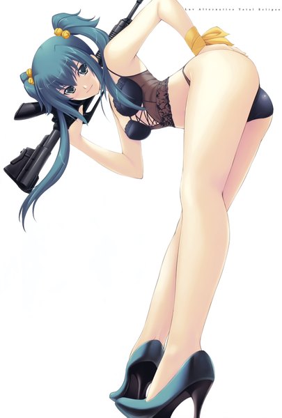 Anime picture 4718x6977 with muv-luv alternative muv-luv cui yifei miyata sou single long hair tall image highres blue eyes light erotic white background twintails blue hair absurdres ass scan girl underwear panties weapon