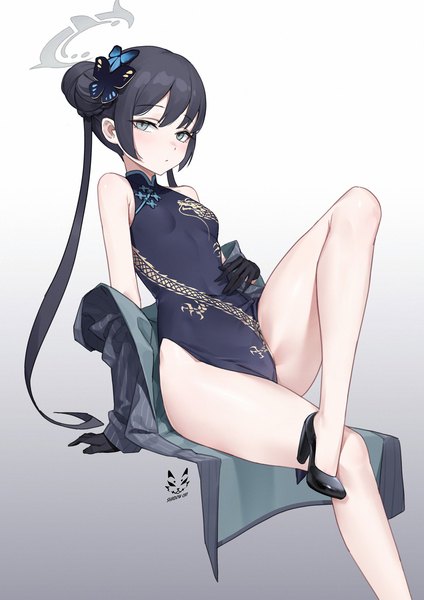 Anime-Bild 1500x2122 mit blue archive kisaki (blue archive) shadow cat single long hair tall image light erotic black hair simple background sitting twintails traditional clothes arm support bare legs grey eyes hair bun (hair buns) high heels gradient background chinese clothes side slit