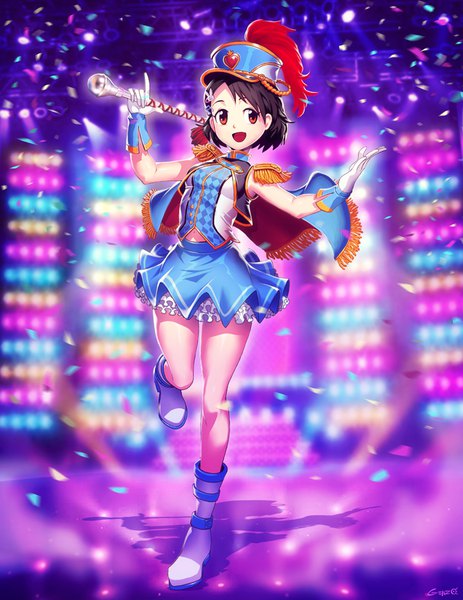 Anime picture 734x950 with idolmaster idolmaster cinderella girls sasaki chie genzoman single tall image short hair open mouth red eyes brown hair standing holding signed full body bent knee (knees) shadow standing on one leg spread arms marching melodies girl