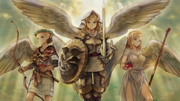 Anime picture 2560x1440 with dragon's crown vanillaware long hair looking at viewer highres breasts blue eyes blonde hair wide image large breasts standing multiple girls holding green eyes sky angel wings angel girl gloves weapon