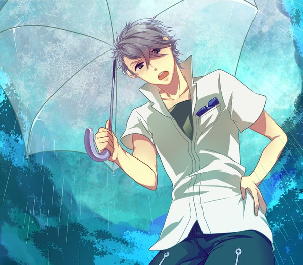 Anime picture 1600x1400 with starry sky shiranui kazuki re (pixiv2204905) single short hair open mouth blue eyes grey hair from below hand on hip rain open collar transparent umbrella boy plant (plants) tree (trees) umbrella