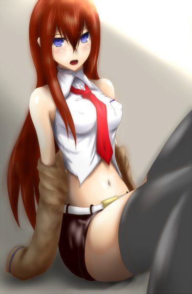 Anime picture 1000x1527 with steins;gate white fox makise kurisu single long hair tall image open mouth light erotic brown hair purple eyes bare shoulders midriff girl thighhighs navel black thighhighs necktie shorts