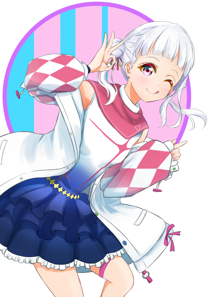 Anime picture 2067x2923 with hello!!! love live! sunrise (studio) love live! arashi chisato gaaanao rk single long hair tall image looking at viewer fringe highres smile white background twintails silver hair blunt bangs one eye closed pink eyes wink open jacket
