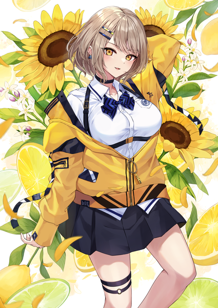 Anime picture 2006x2833 with original kurousagi yuu single tall image highres short hair blonde hair standing yellow eyes bent knee (knees) arm behind head partially open clothes floral background girl flower (flowers) earrings choker bowtie thigh strap bobby pin