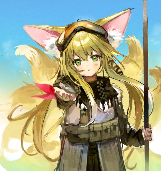 Anime picture 1500x1597 with arknights suzuran (arknights) suzuran (lostlands flowering) (arknights) moko (moko/moko) single long hair tall image looking at viewer fringe blonde hair hair between eyes green eyes animal ears tail head tilt animal tail fox ears official alternate costume fox tail fox girl