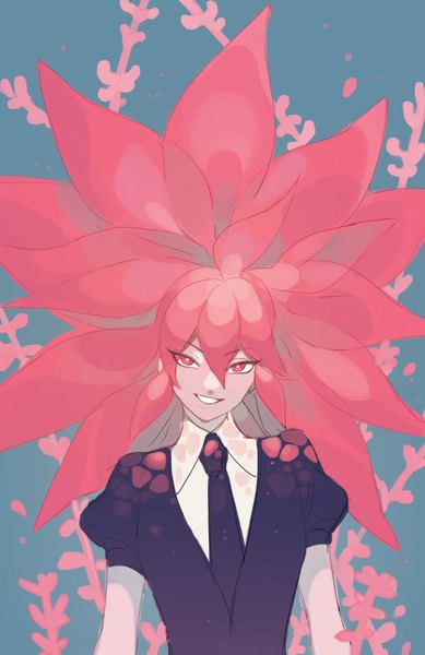 Anime picture 548x845 with houseki no kuni morganite (houseki no kuni) azolitmin single long hair tall image looking at viewer smile pink hair upper body pink eyes puffy sleeves spiked hair androgynous necktie