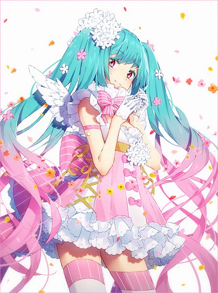 Anime picture 800x1076 with vocaloid hatsune miku hakusai (tiahszld) single long hair tall image looking at viewer blush fringe simple background red eyes white background pink hair hair flower aqua hair sleeveless gradient hair girl thighhighs dress