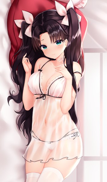 Anime picture 2425x4096 with fate (series) fate/grand order toosaka rin shouu-kun single long hair tall image looking at viewer blush fringe highres breasts blue eyes light erotic black hair smile large breasts bare shoulders cleavage lying
