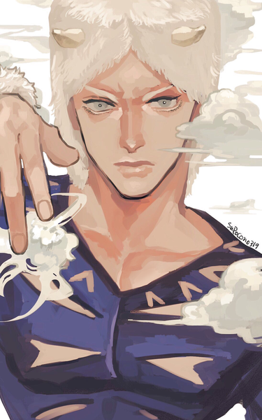 Anime picture 800x1280 with jojo no kimyou na bouken weather report supocon single tall image looking at viewer signed cloud (clouds) upper body arm up horn (horns) fingernails lips grey eyes eyebrows boy fur cap