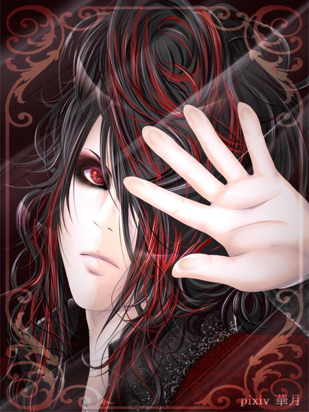 Anime picture 960x1280 with real life versailles philharmonic quintet masashi (versailles) kadukisaito single long hair tall image fringe black hair red eyes signed looking away red hair multicolored hair hair over one eye realistic inscription two-tone hair portrait eyeshadow
