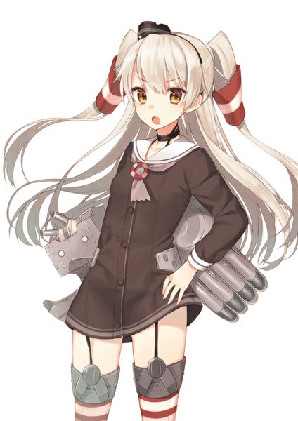 Anime picture 566x800 with kantai collection amatsukaze destroyer rensouhou-kun midorikawa you single long hair tall image looking at viewer blush fringe open mouth simple background white background yellow eyes silver hair two side up hand on hip girl thighhighs hair ornament