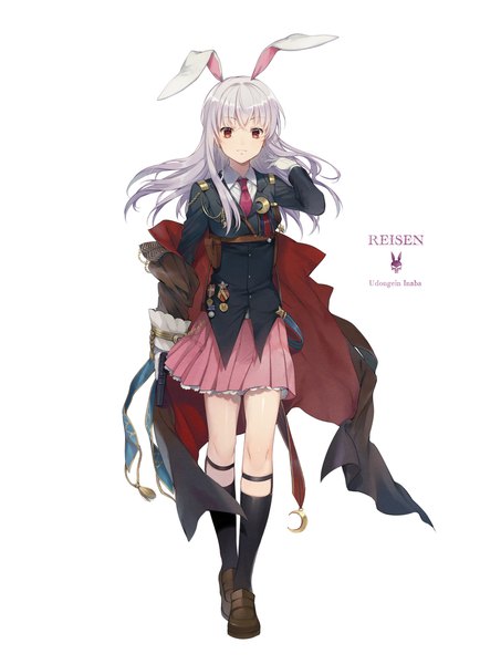 Anime picture 1543x2134 with touhou reisen udongein inaba ekita xuan single long hair tall image looking at viewer fringe simple background red eyes white background animal ears purple hair full body long sleeves pleated skirt bunny ears character names adjusting hair walking