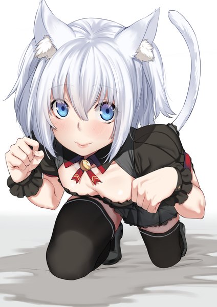 Anime picture 707x1000 with original deras single tall image looking at viewer blush fringe short hair breasts blue eyes light erotic simple background hair between eyes white background animal ears payot cleavage bent knee (knees) white hair tail