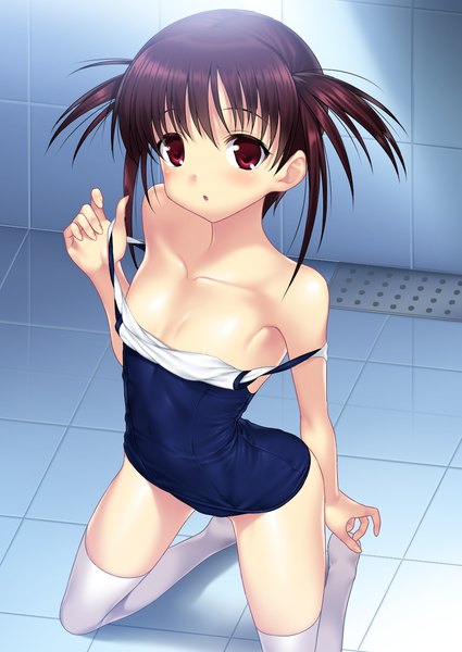 Anime picture 1031x1457 with saki usuzumi hatsumi suzume inui tall image looking at viewer blush short hair light erotic black hair red eyes twintails short twintails flat chest swimsuit pull girl thighhighs swimsuit white thighhighs one-piece swimsuit school swimsuit