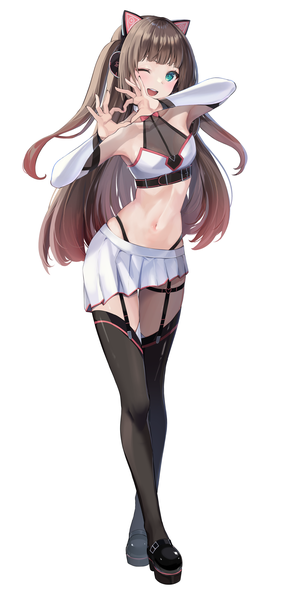 Anime picture 1960x4059 with virtual youtuber hololive natsuiro matsuri natsuiro matsuri (7th costume) pi tayuko single long hair tall image highres open mouth blue eyes simple background brown hair standing white background full body one eye closed wink two side up official alternate costume