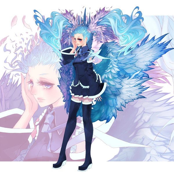 Anime picture 3000x3000 with vocaloid hatsune miku kansousamehada long hair blush highres blue eyes twintails aqua hair legs zoom layer girl thighhighs skirt detached sleeves wings necktie feather (feathers)