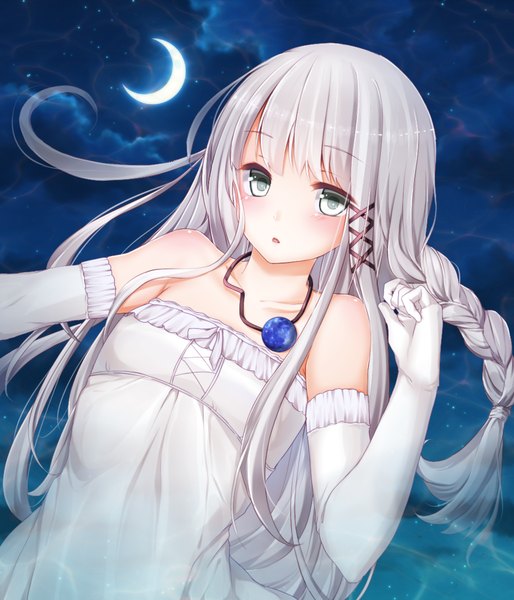 Anime picture 1000x1168 with original itsumo tchan single long hair tall image looking at viewer blush blue eyes bare shoulders white hair braid (braids) crescent girl dress gloves elbow gloves white gloves pendant moon