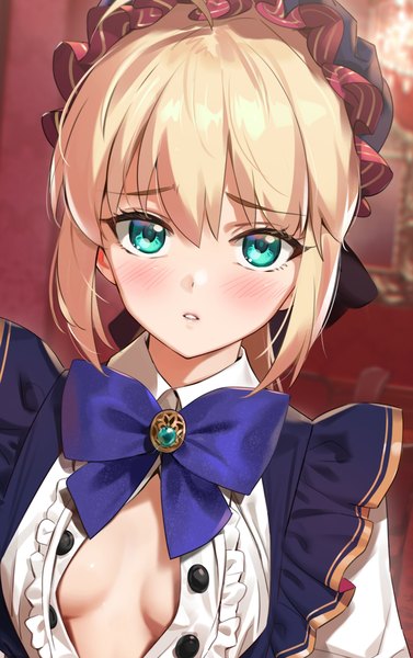 Anime picture 1215x1936 with fate (series) fate/stay night artoria pendragon (all) saber yd (orange maru) single tall image looking at viewer blush fringe short hair breasts light erotic blonde hair hair between eyes payot upper body parted lips aqua eyes no bra