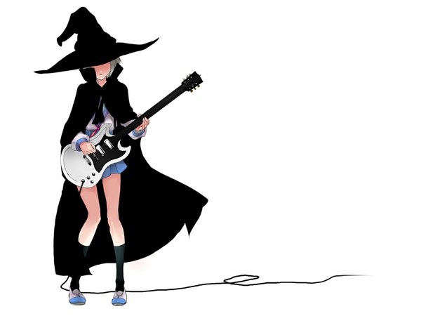 Anime picture 1024x768 with suzumiya haruhi no yuutsu kyoto animation nagato yuki girl uniform school uniform hat socks cape witch hat musical instrument guitar