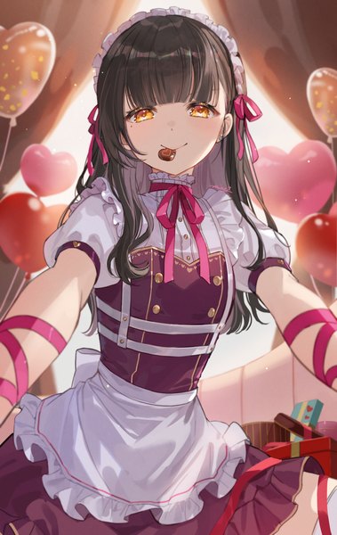 Anime picture 1000x1583 with original nima (niru54) single long hair tall image looking at viewer fringe black hair smile holding yellow eyes blunt bangs mole mole under eye mouth hold valentine food in mouth girl ribbon (ribbons) food