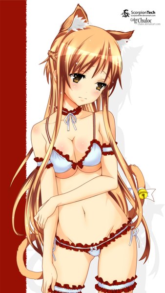 Anime picture 1000x1770 with sword art online a-1 pictures yuuki asuna chuloc (artist) single long hair tall image blush light erotic brown hair brown eyes animal ears cat ears inscription cat girl cat tail coloring body blush girl lingerie