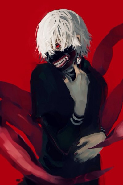 Anime picture 756x1136 with tokyo ghoul studio pierrot kaneki ken gonzales (kakaaaannn) single tall image fringe short hair simple background red eyes white hair nail polish fingernails red background boy mask zipper kagune