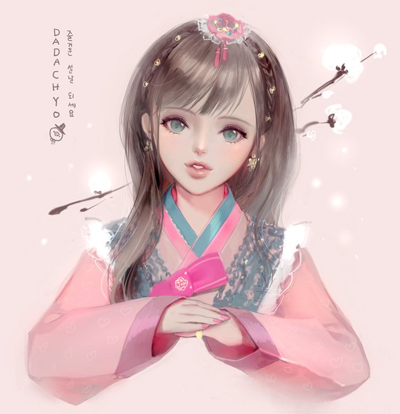 Anime picture 900x930 with original dadachyo single long hair tall image looking at viewer fringe brown hair signed nail polish traditional clothes parted lips head tilt aqua eyes lips lipstick portrait pink background eyeshadow new year