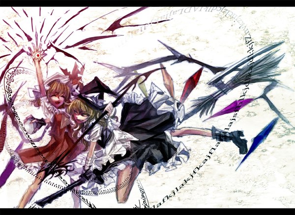 Anime picture 1095x796 with touhou flandre scarlet kirisame marisa lastdark (artist) short hair blonde hair white background multiple girls yellow eyes magic letterboxed girl gloves weapon 2 girls wings headdress apron witch hat broom