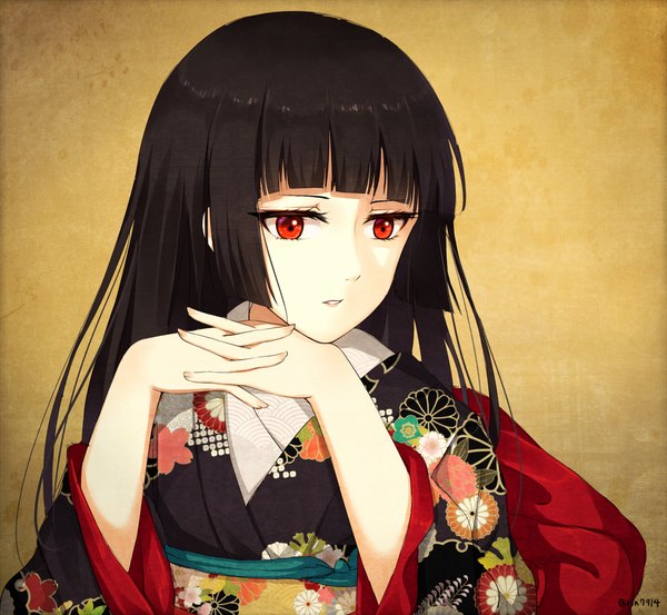 Anime picture 1120x1033 with hell girl studio deen enma ai rin yuu single long hair black hair red eyes looking away upper body traditional clothes parted lips japanese clothes floral print interlocked fingers seigaiha girl kimono obi