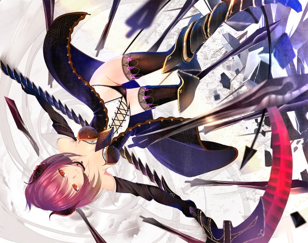 Anime picture 1200x946 with original machimura komori single short hair light erotic red eyes bare shoulders pink hair purple hair horn (horns) girl thighhighs gloves underwear panties weapon black thighhighs sword choker elbow gloves