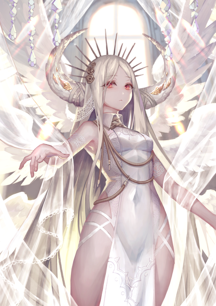 Anime picture 1447x2047 with original okuma mai single long hair tall image looking at viewer fringe breasts light erotic red eyes standing white hair indoors horn (horns) bare legs from below side slit white wings backlighting girl