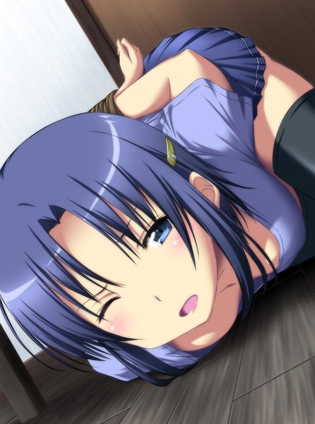 Anime picture 673x906 with original nori tamago single long hair tall image blush breasts open mouth blue eyes light erotic blue hair pleated skirt one eye closed hands behind back on stomach bondage girl thighhighs skirt black thighhighs