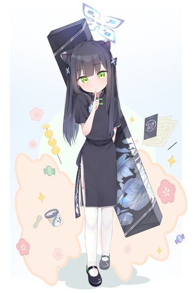 Anime picture 1807x2748 with blue archive shun (blue archive) shun (small) (blue archive) shiwa (siwaa0419) single long hair tall image looking at viewer fringe highres black hair green eyes animal ears full body blunt bangs traditional clothes head tilt border finger to mouth chinese clothes